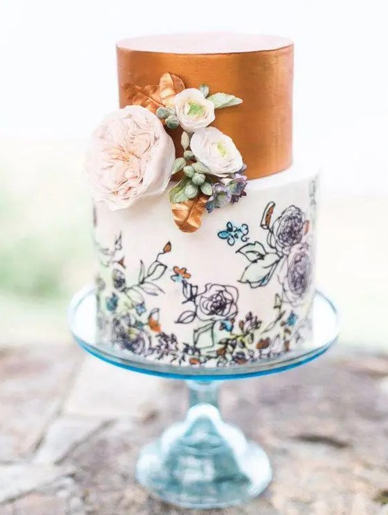 a trendy wedding cake with a copper leaf tier and a pastel handpainted floral tier plus fresh blooms for decor