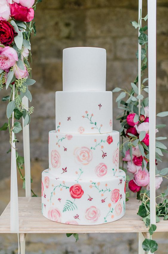 a white wedding cake decorated with primitive style hand painted pink and red blooms and leaves is a great idea for summer