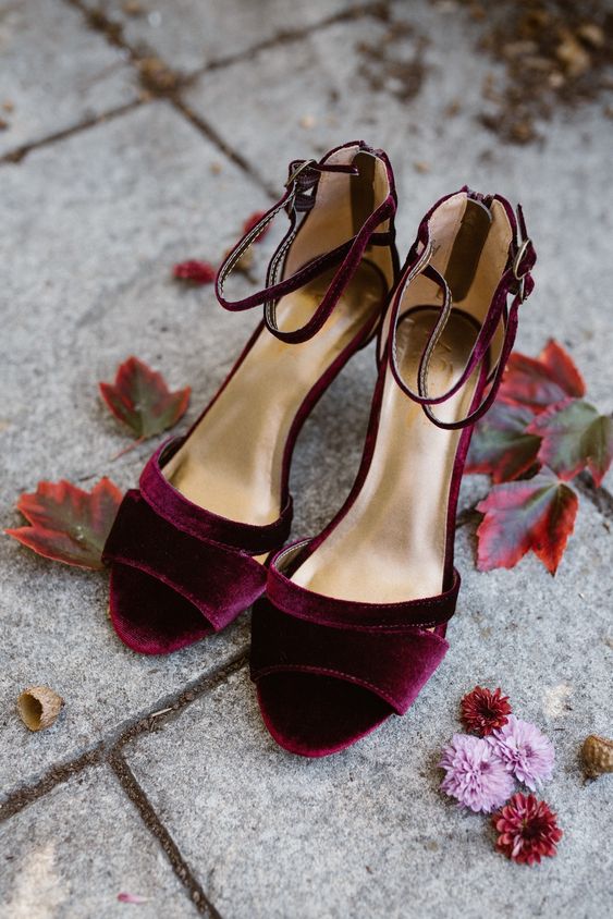 burgundy velvet shoes with double ankle straps are amazing for fall and winter weddings