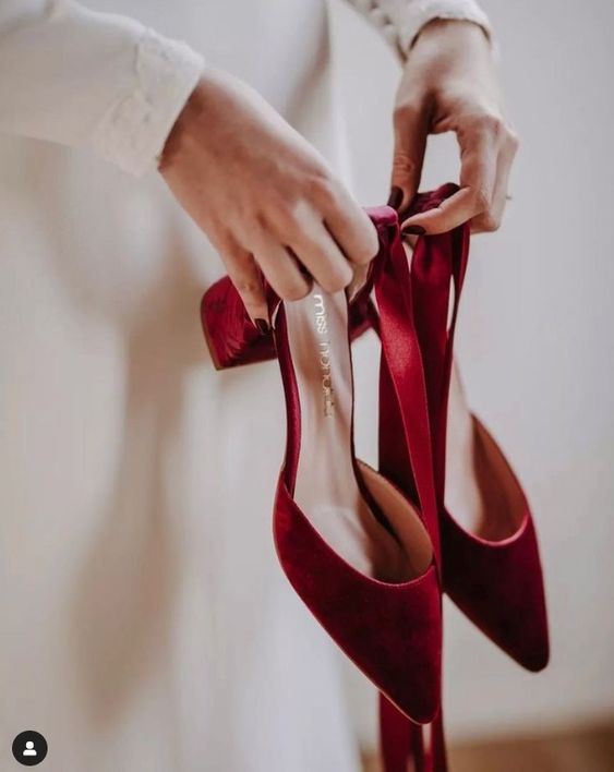 burgundy velvet wedding shoes with block heels and ribbons are amazing for a fall or winter wedding