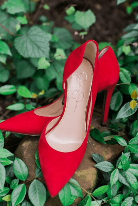 classic red suede heels look stunning and will add a chic traditional touch to your Christmas bridal look