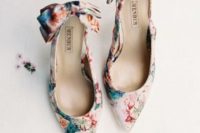 colorful floral shoes with bows on the backs are chic and bright and will do for a spring or summer wedding