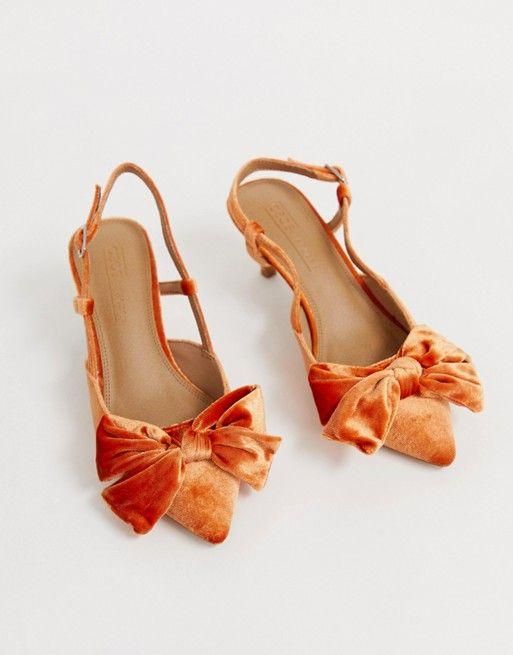 cute orange velvet wedding slingbacks with bows are amazing for summer and fall weddings