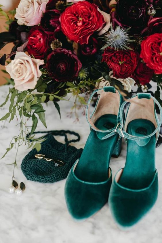 dark green velvet wedding shoes with ankle straps and block heels for a fall or winter wedding