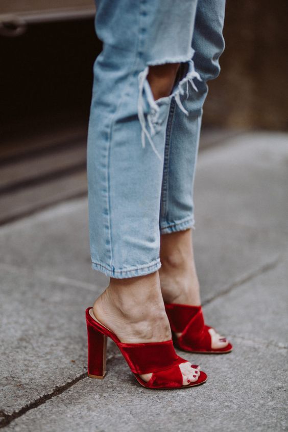 deep red velvet criss cross mules with high heels look super chic, bold and sexy