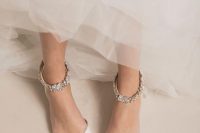 elegant neutral wedding shoes with embellished ankle straps are adorable for a chic and classic bridal look