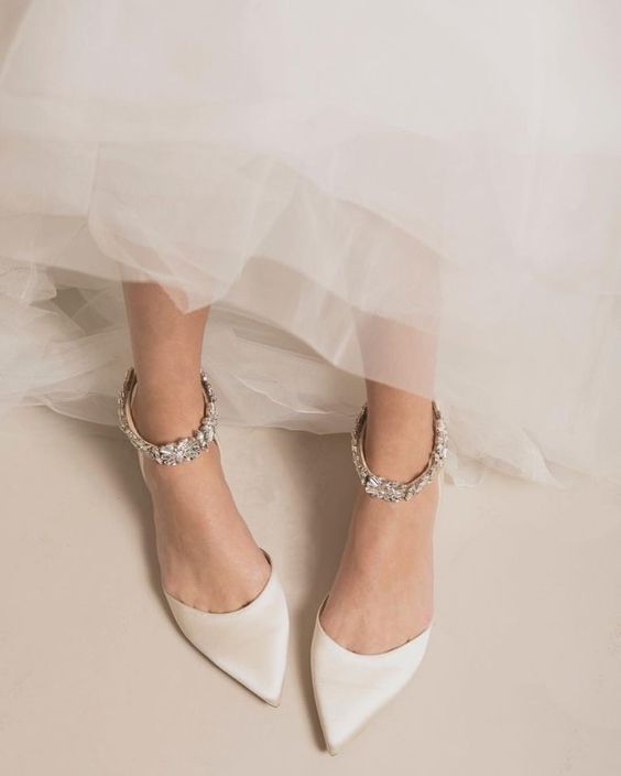 elegant neutral wedding shoes with embellished ankle straps are adorable for a chic and classic bridal look