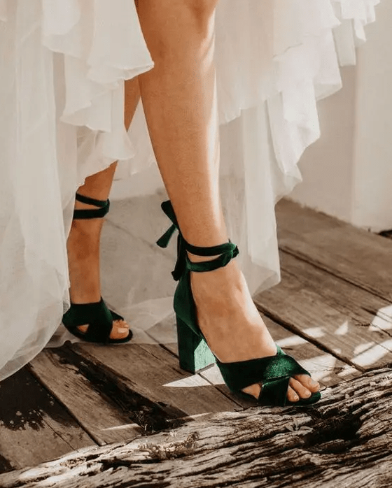emerald green velvet lace up shoes with block heels and peep toes are amazing to add a bit of color