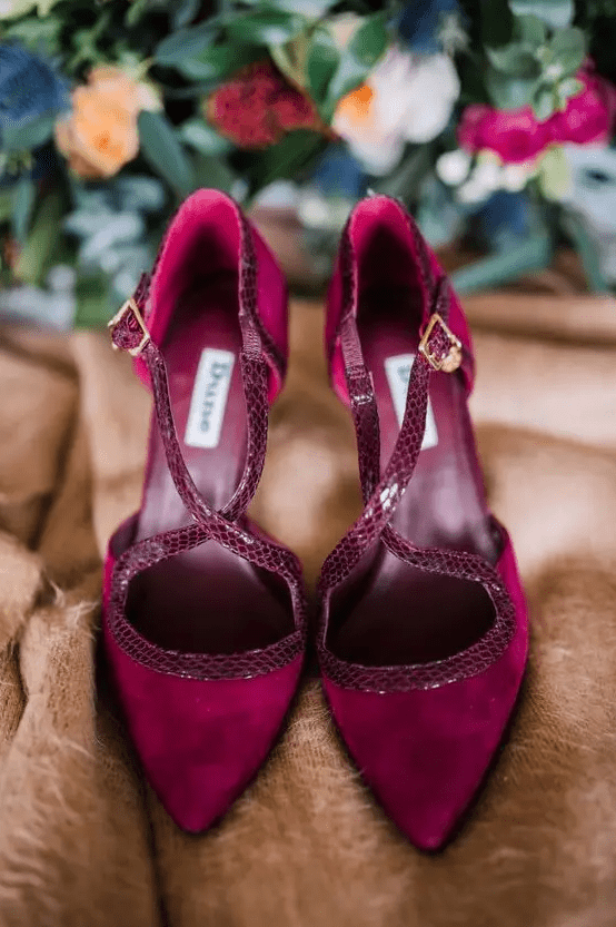 fantastic fuchsia shoes with snake leather edges and X straps are a great statement in your look