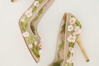 gorgeous half sheer wedding heels with pink flower appliques and green embroidery and bead leaves