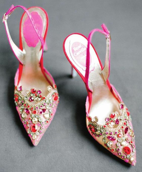 hot pink slingbacks with rhinestones, gemstones and gold details are gorgeous for glam bridal looks