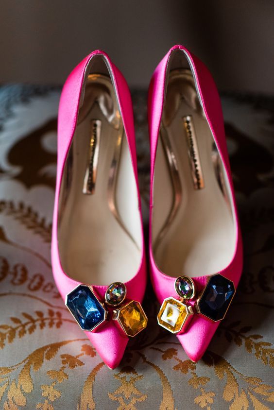 hot pink wedding shoes with gemstones are amazing to add color, fun and glam to the bridal look