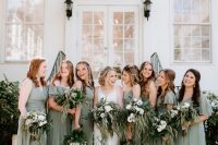 mismatching sage green maxi bridesmaid dresses are perfection for a spring or summer wedding