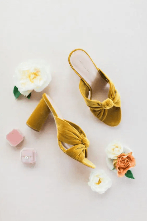 mustard velvet knot wedding mules with comfortable heels are a gorgeous and chic way to add a bit of color