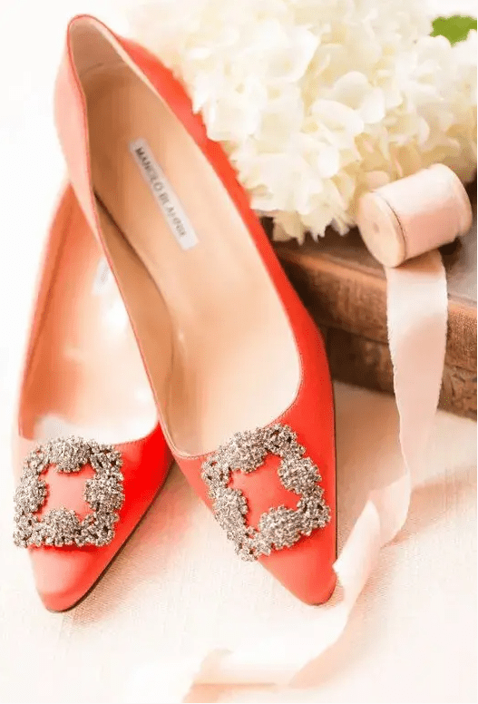 orange embellished wedding shoes by Manolo Blahnik for glam brides who love colors