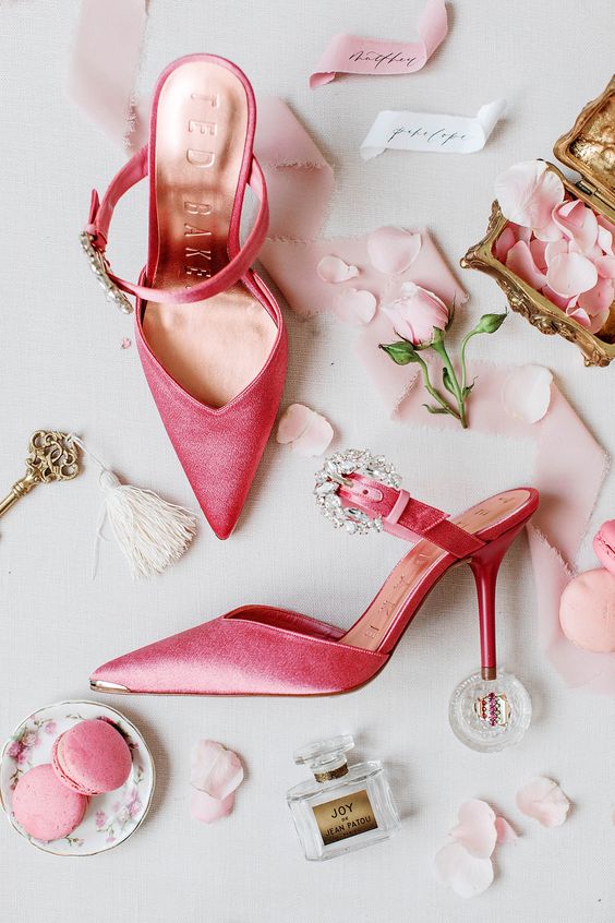 pink pointed toe wedding shoes with straps and embellished buckles are amazing for spring and summer