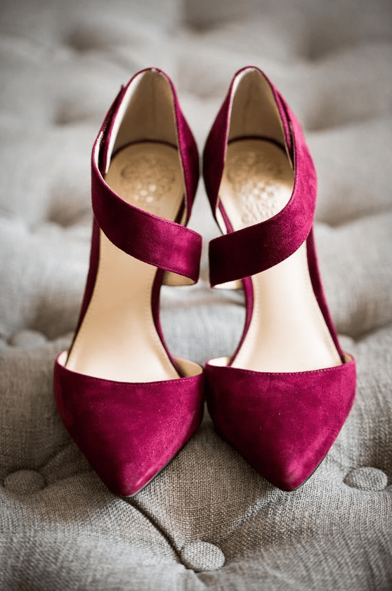 stylish and bold burgundy shoes with straps are a very elegant and timeless option for a flal or winter bride