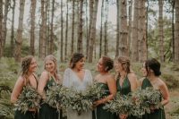 stylish mismatching maxi green bridesmaid dresses and greenery bouquets are ideal for a woodland or botanical wedding
