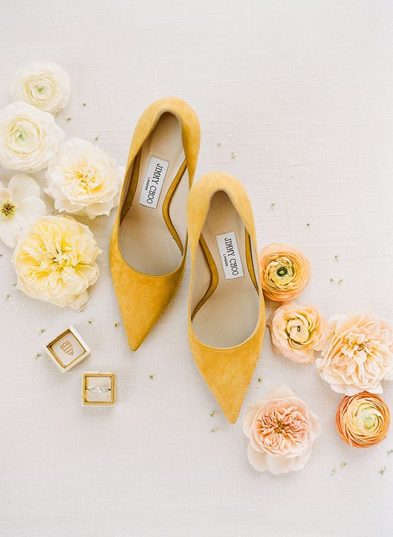 sunny yellow suede wedding shoes with pointed toes and high heels are perfect for many weddings