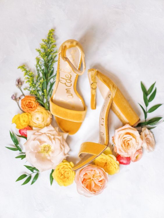 sunny yellow velvet heeled sandals with comfy block heels are amazing spring, summer and fall weddings