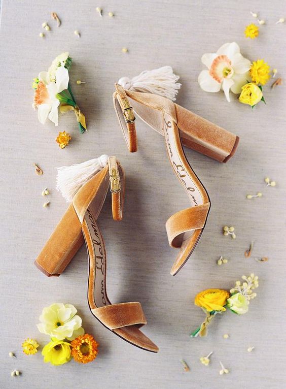 yellow velvet wedding shoes with block heels and tassels are amazing for spring, summer and fall weddings