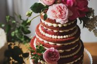 03 a beautiful naked red velvet wedding cake with pink and blush blooms, greenery and sugar pearls is a cool idea for a summer wedding