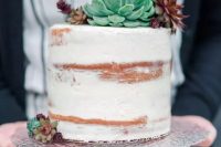 11 a naked wedding cake decorated with various succulents is a cool solution for a rustic or some other wedding, and you may add this decor yourself