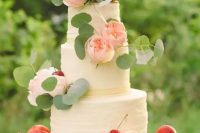 115 a white textural buttercream wedding cake with blush and burgundy peonies, greenery and some fresh fruit is a lovely idea for a summer wedding