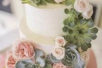 125 an ombre wedding cake with blush blooms and succulents for decor is a lovely idea for a modern wedding with a subtle touch of color