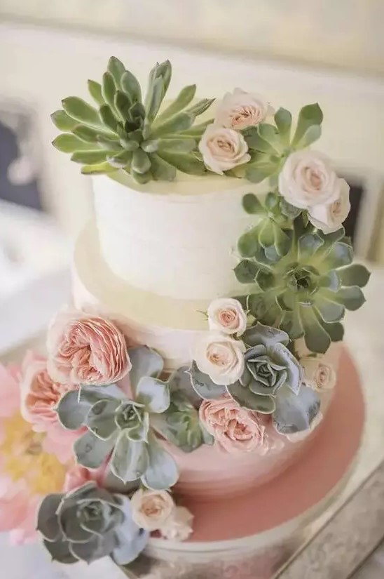 an ombre wedding cake with blush blooms and succulents for decor is a lovely idea for a modern wedding with a subtle touch of color