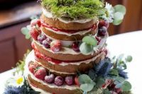 28 a summer woodland naked wedding cake with fresh berries, moss, greenery, bird toppers on a moss pillow with greenery