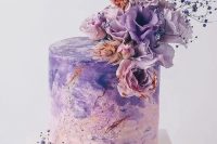 44 a breathtaking blush to purple watercolor wedding cake decorated with copper glitter, fresh lilac and pink blooms is a bold statement