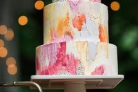 54 a colorful textural wedding cake in pink, coral, yellow and orange plus gold splashes is very chic idea for a colorful summer wedding