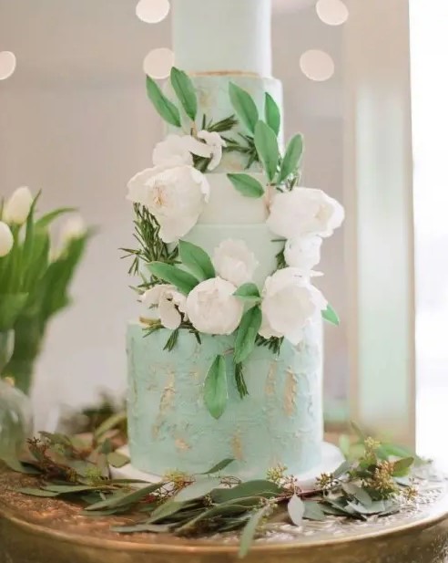 a mint green wedding cake with sleek and textural tiers, with greenery and sugar blooms is a fantastic idea for a pretty wedding in spring or summer