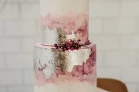 78 a pink watercolor and silver leaf wedding cake with pink berries is a very eye-catchy and chic idea for a modern wedding