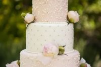 84 a refined white and blush wedding cake with gold detailing, blush roses and peonies is a fantastic and chic idea for a summer wedding
