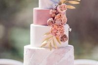 87 a romantic wedding cake with a white, pink and pink marble tier, dried blooms and gold foliage is a very romantic option