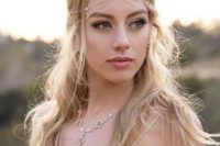 a chain and rhinestone boho bridal headpiece and a matching necklace with pearls for a boho chic look
