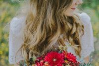 a colorful textural boho crown with thistles, berries, greenery and herbs for a fall boho bride