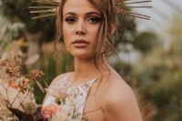 a copper sunburst crown with copper glitter touches is a bold idea for a boho chic bride who loves fashion