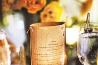 a wedding menu of bark is a stylish idea and you may wrap a vase with it