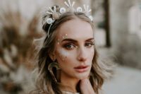 a whimsy boho chic crown with rhinestones and large agates and statement boho earrings