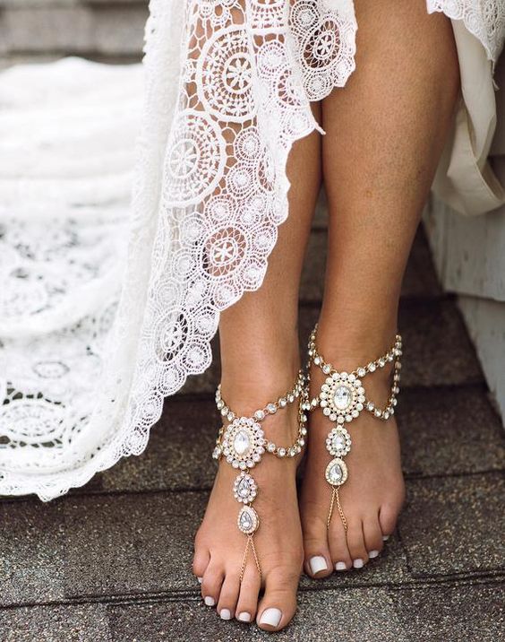 boho heavily embellished barefoot beach wedding sandals look chic and bold