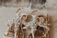 creamy strappy heavily embellished wedding sandals for a boho beach bride and to wear them after
