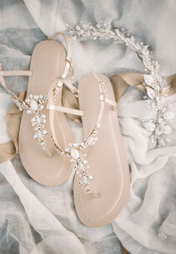 embellished crystal wedding sandals with metallic straps look chic, bright and shiny