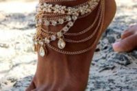 gold chain rhinestone barefoot wedding sandals are perfect for a beach boho or gypsy bride