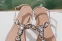 heavily embellished gold flat wedding sandals are amazing for a destination beach wedding