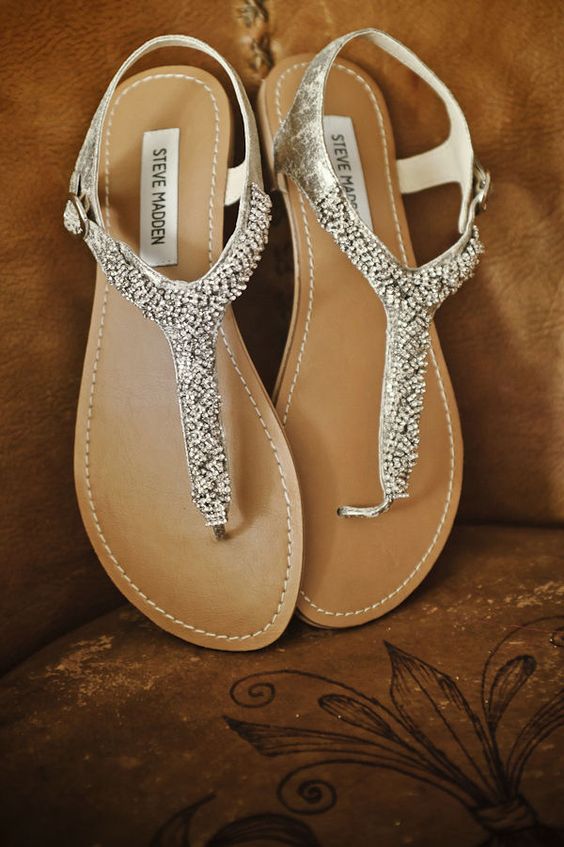 metallic and embellished flat wedding sandals are amazing for a slight glam touch to the look