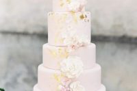 a refined blush five tier wedding cake with gold foil and sugar and fresh blooms and berries is a beautiful idea for a spring or summer wedding