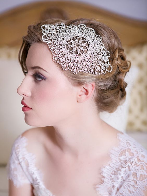 a refined vintage bridal headpiece of crystals will accent your hairstyle and give a 20s look